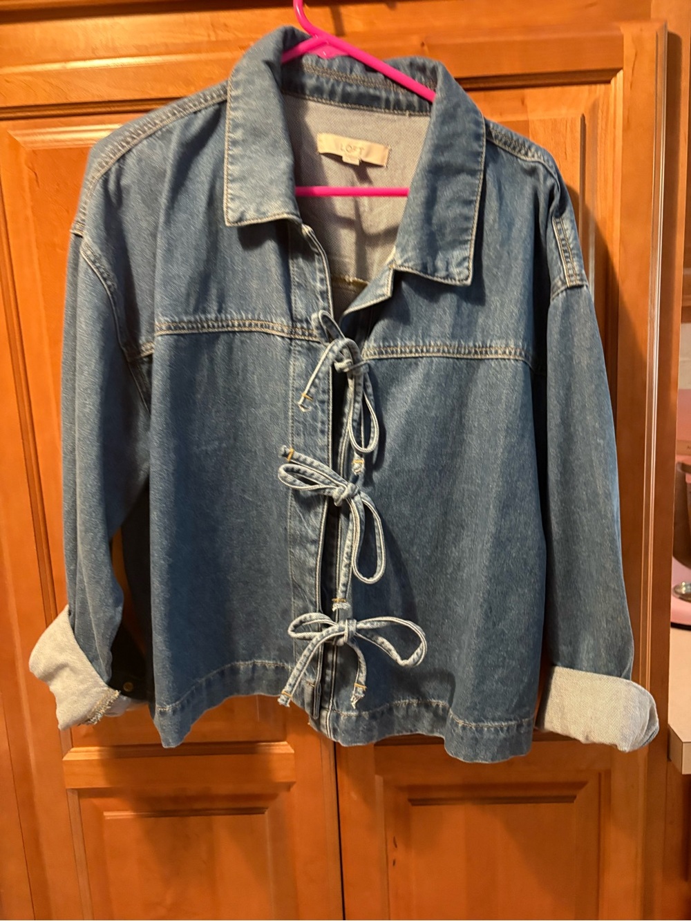 LOFT Light Blue Denim Jacket/ Shirt with 3 Bow Tie Closures